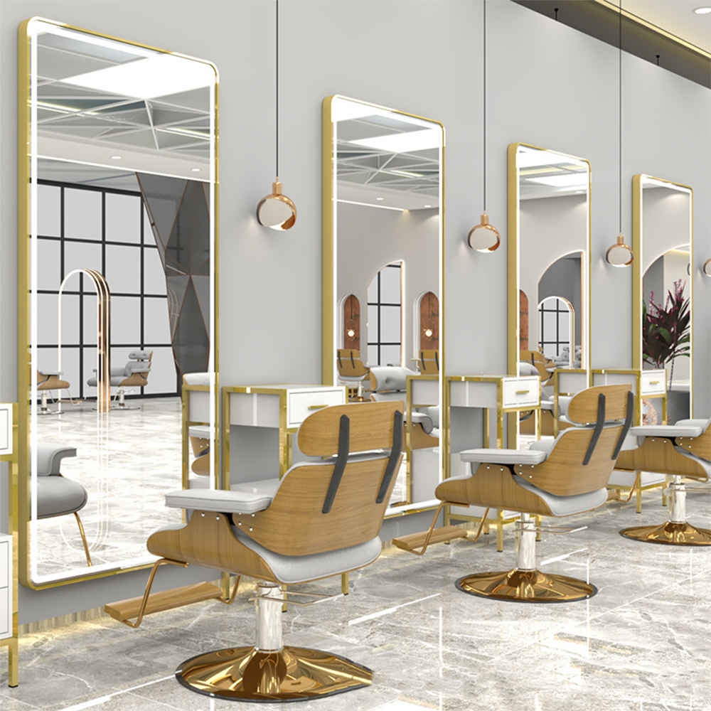 Gold Luxury Led Lamp Mirror Cabinet For Hair Salon Beauty Salon Led Beauty Salon Mirror With Door Styling Mirror For Hair Salon