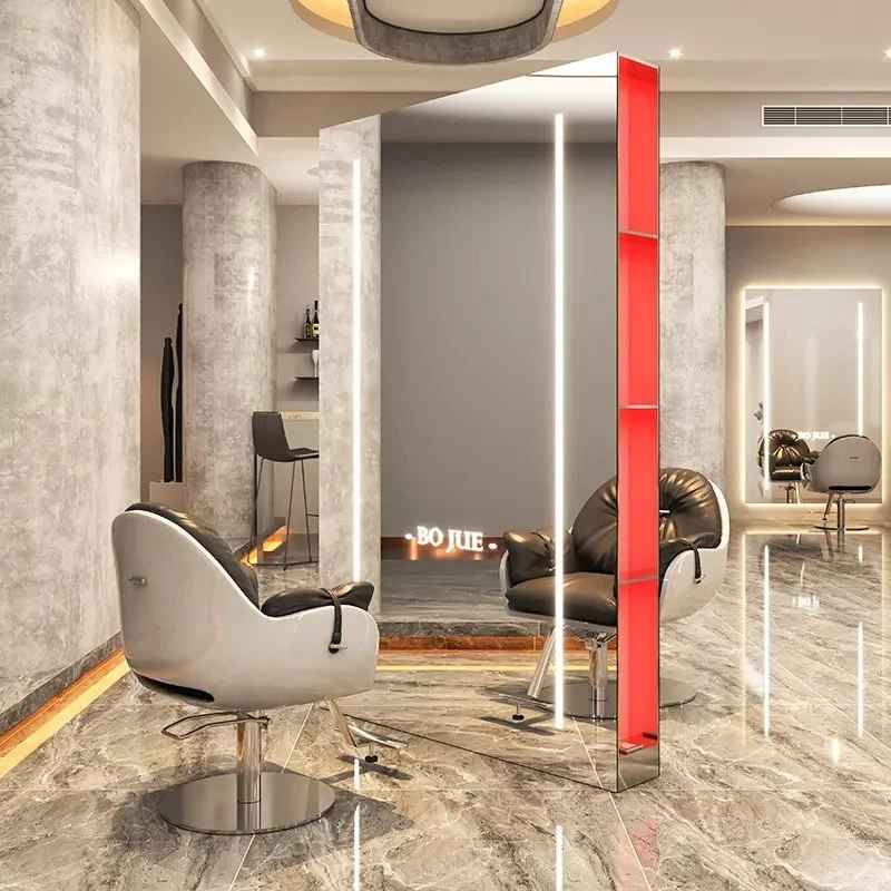 Barber Salon Mirror with LED Light, Double-Sided Mirror Floor Station