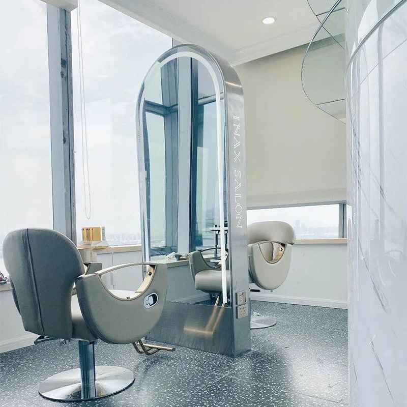 Barber Salon Mirror with LED Light, with Different Lights, Double-Sided Mirror Floor Station
