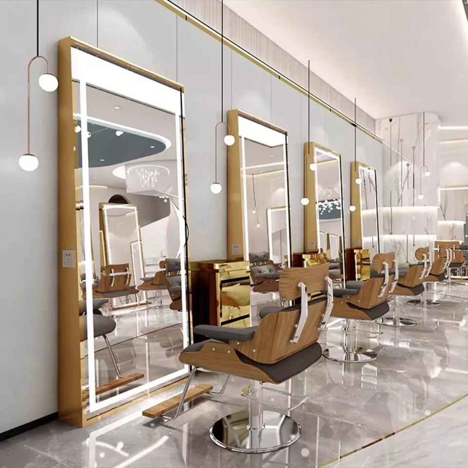 Hair Salon Stations Mirror Barber Salon Furniture Barber Styling Mirror Stations Makeup Salon Mirror with LED