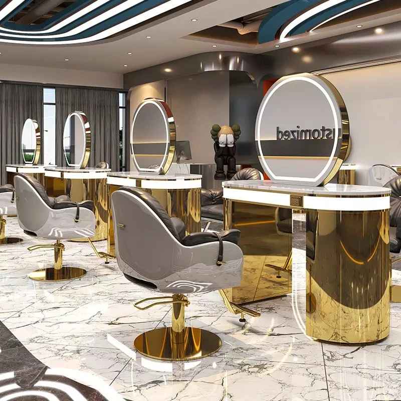 Luxury Gold Frame Single/Double Side Hair Salon Mirrors Barber Station LED Salon Mirror Other Salon Furniture
