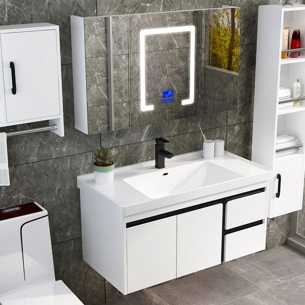 European White Modern Mirror Cabinet Vanity Toilet Furniture Bathroom Cabinet with Ceramic Wash Sink