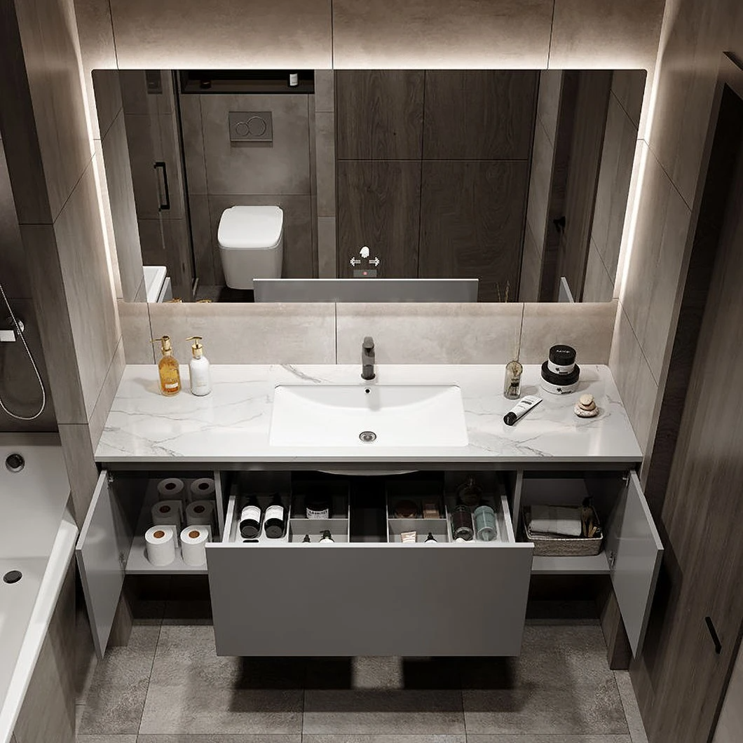 OEM Modern Light Luxury Slate One Wash Basin Minimalist Smart LED Mirror Bathroom Cabinet Combination for Sale