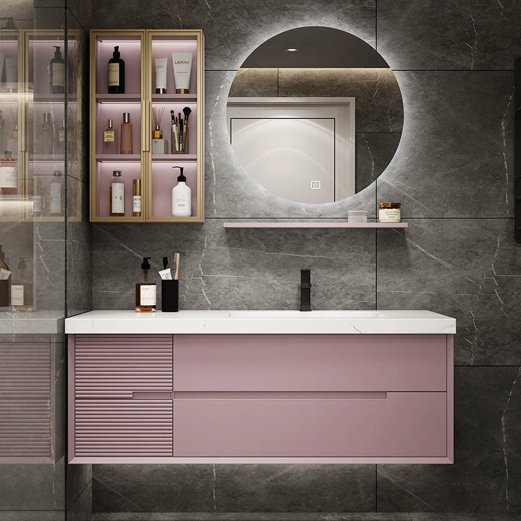 OEM Custom Marble Slate Light Luxury Minimalist Solid Wood Bathroom Washbasin Bathroom Vanity Cabinet with LED Mirror
