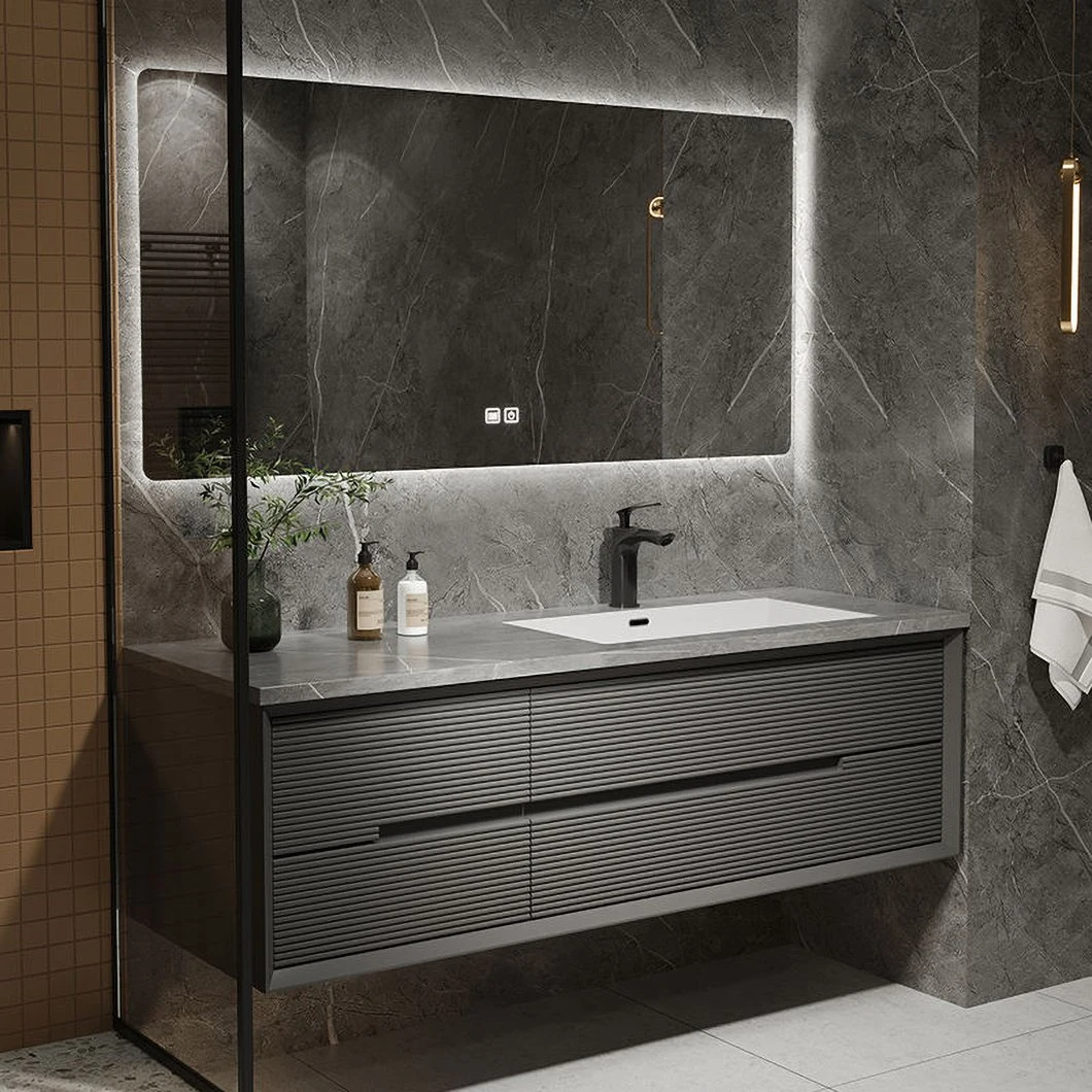 OEM Custom Marble Slate Light Luxury Minimalist Solid Wood Bathroom Washbasin Bathroom Vanity Cabinet with LED Mirror