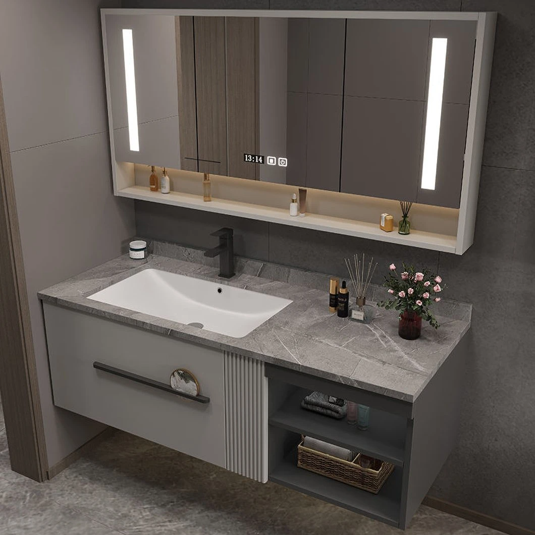 OEM Designer Custom Slate Light Luxury Gray Bathroom Hand Wash Basin Solid Wood Cabinet Bathroom Cabinet Combination
