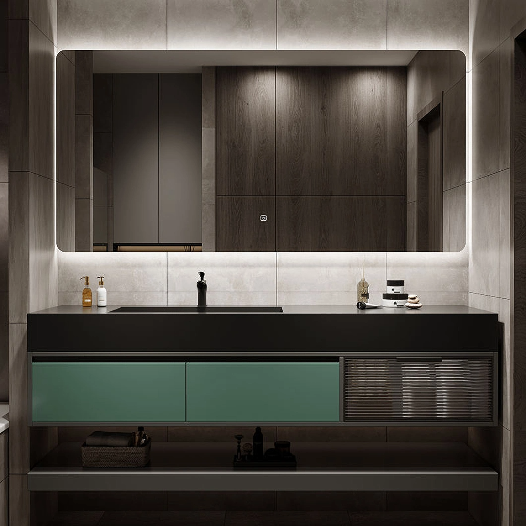 OEM Modern High-End Slate Integrated Basin Bathroom Set Smart Mirror Cabinet Black Mesa Wall Mounted Bathroom Vanity Combination