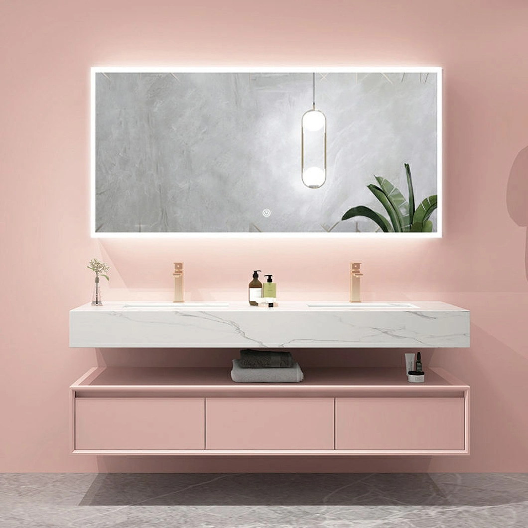 Pink High Gloss Long Slim Mirrored Painting Solid Wood Wc Unit Integrated Sink Built in Cupboard Bathroom Vanities Storage Cabinet