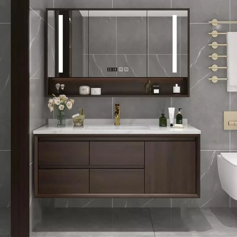 Solid Wood Mirrored Cabinets Bathroom Washbasin Modern Design for Hotel Apartment