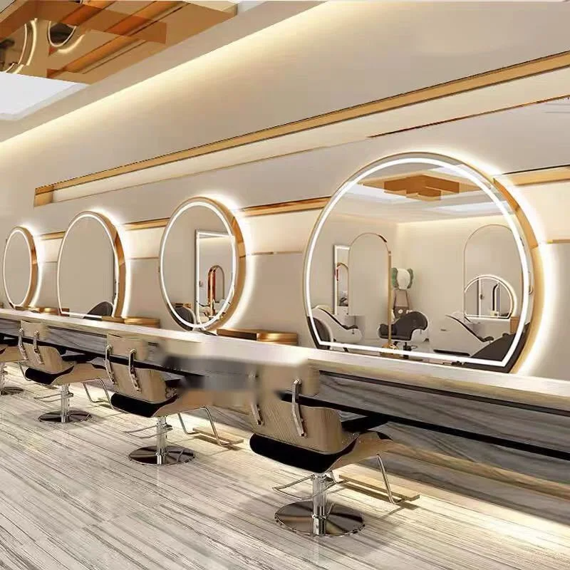 Hairdressing Mirror Salon Round Barbershop Mirror Table Hair Salon Special European Glass Salon Furniture