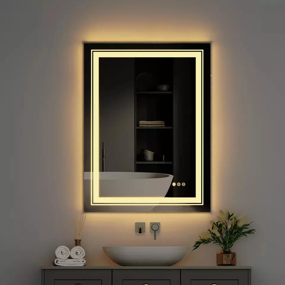 Frameless Smart LED Illuminated Bathroom Makeup Mirror Wall-Mounted Bath Mirror with Double Light