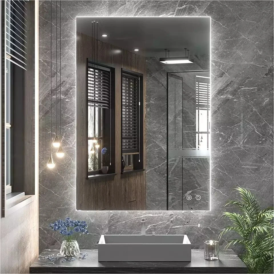 LED Lighted Vanity Bathroom Mirror, Dimmable Touch Wall Mounted Mirror Lights with Plug, Anti-Fog Waterproof Mirror
